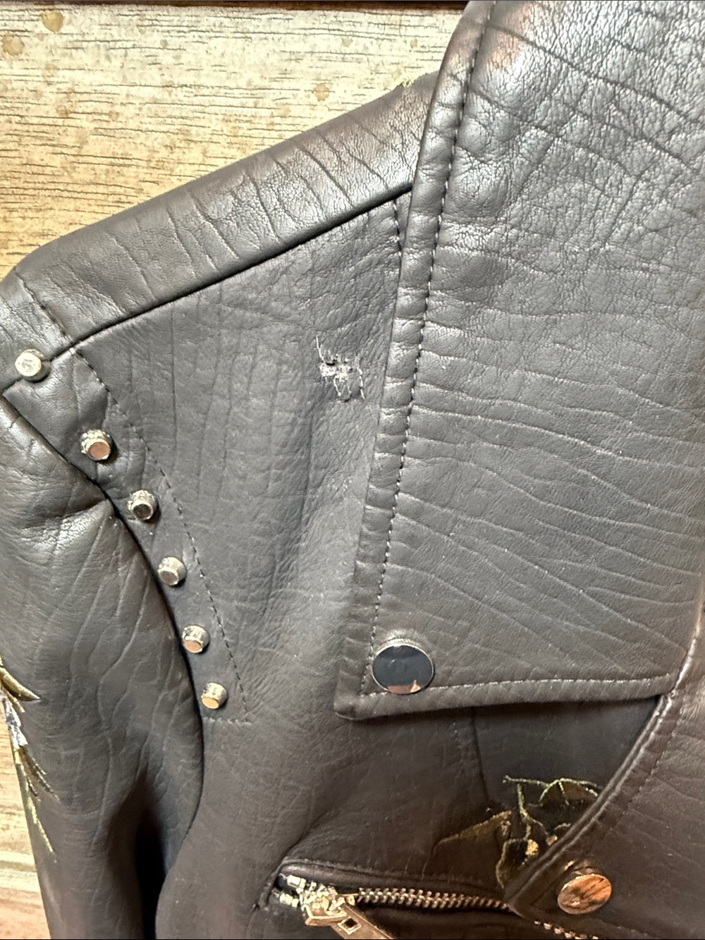 DRIFTWOOD Black Embroidered Floral Moto Jacket with Studs - Picture 3 of 5